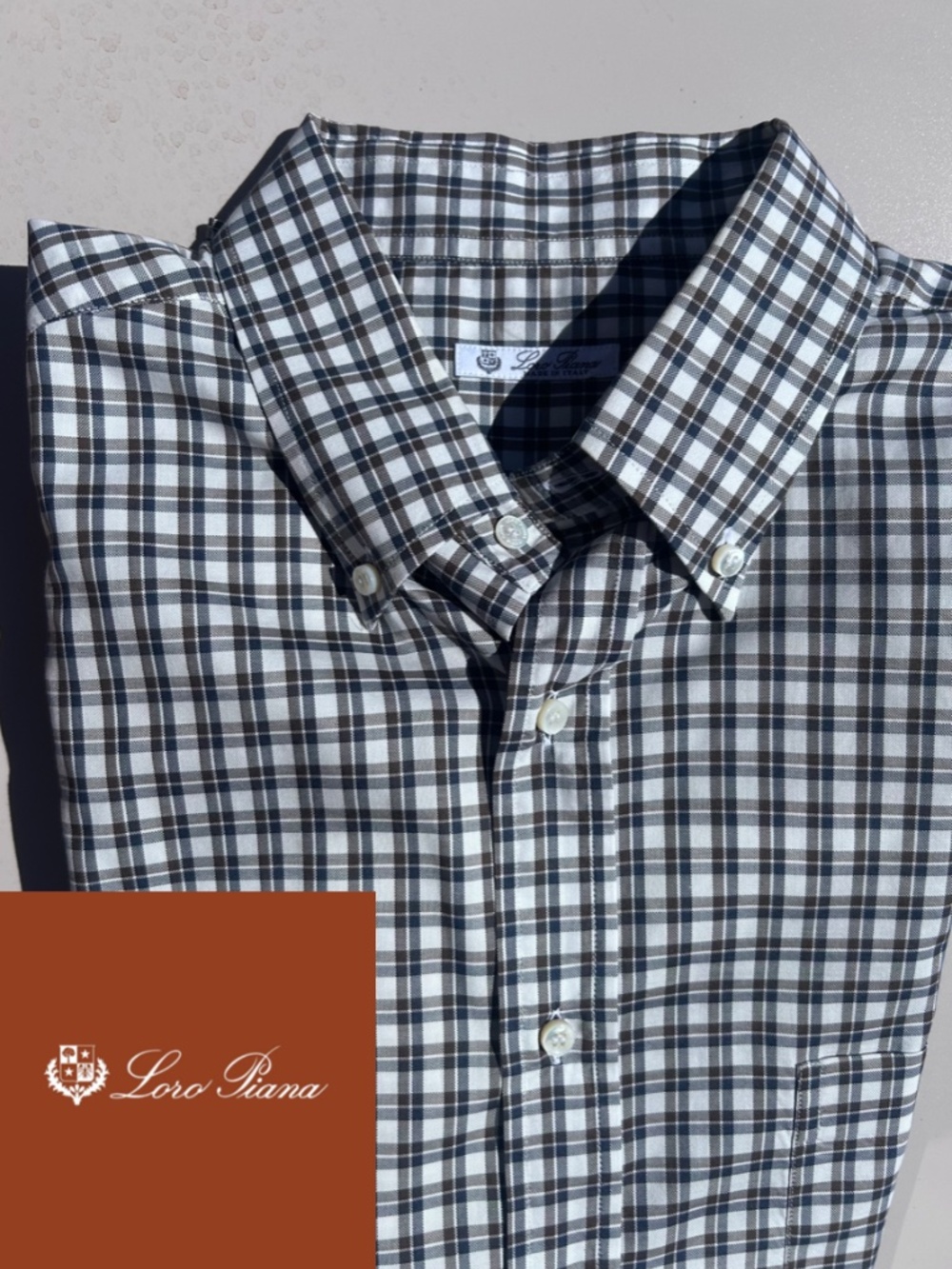 Loro Piana Men’s XL Navy and a Taupe Brown Checked Button-Down Shirt